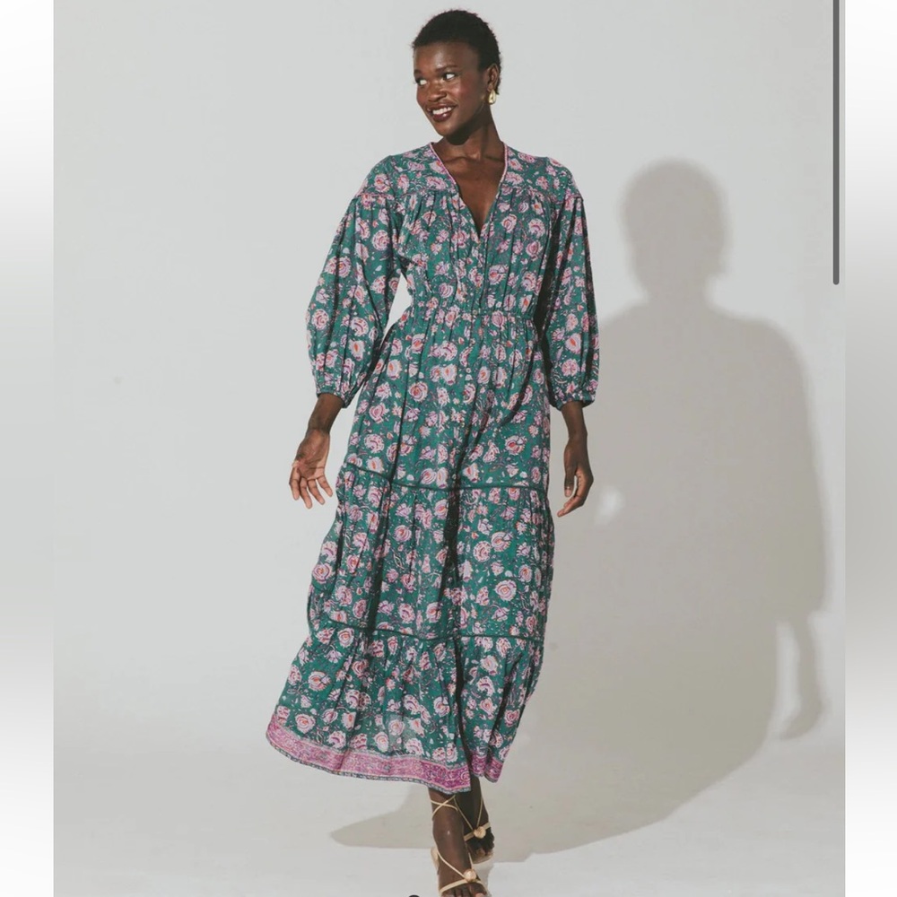 New Cleobella jade grace ankle dress maxi green sage olive block print patterned